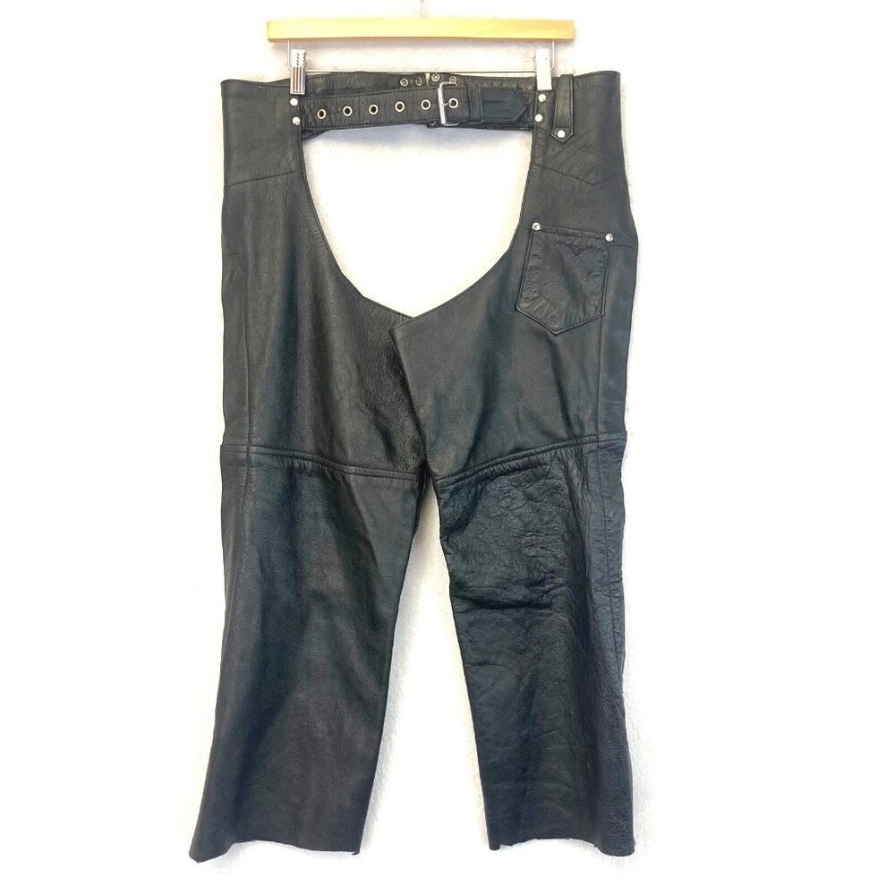 Leather Club Chaps Mens Large L Black Motorcycle Adjustable Belt Zip Side Snap‎